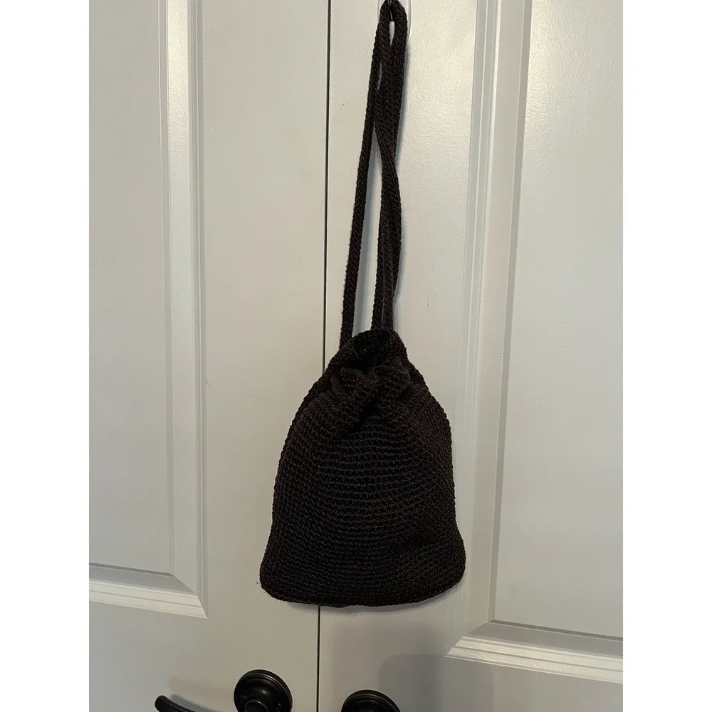 The Sak  Small Crocheted‎ Bucket Purse Drawstring Backpack Boho Bag Dark Brown